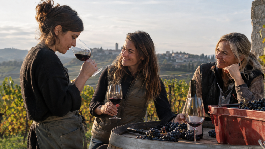 Tre donne durante una degustazione di vino tra i vigneti