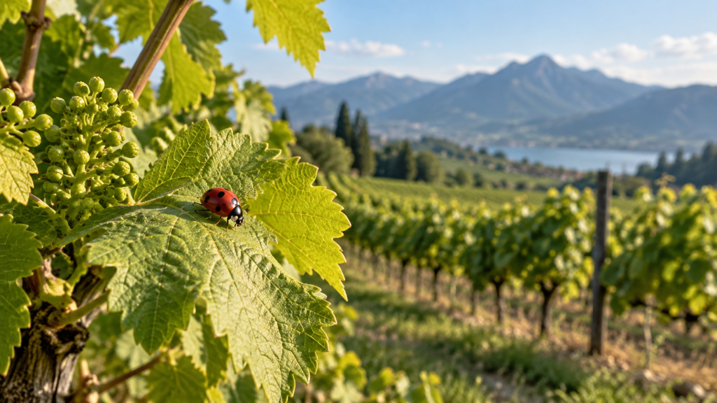 Coccinella su una foglia di vite in un vigneto