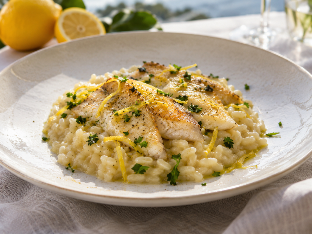 Riso Carnaroli con pesce persico e limone, risotto cremoso del territorio dei laghi