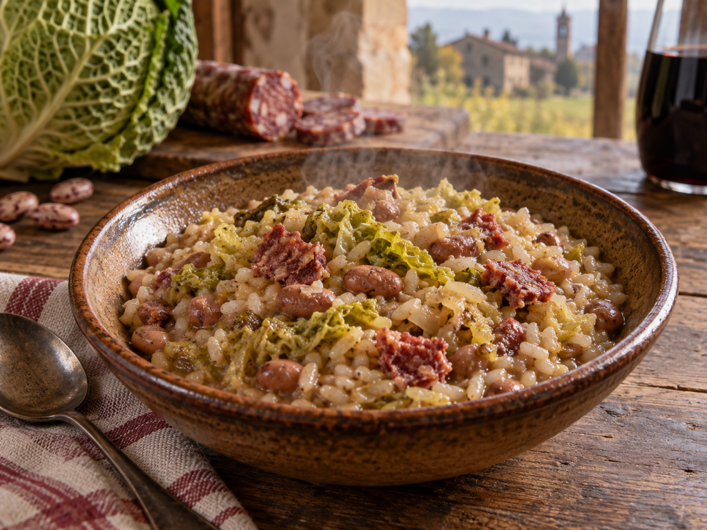 Paniscia novarese con riso, borlotti, verza e salame della duja