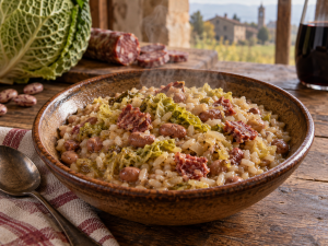 Paniscia novarese con riso, borlotti, verza e salame della duja