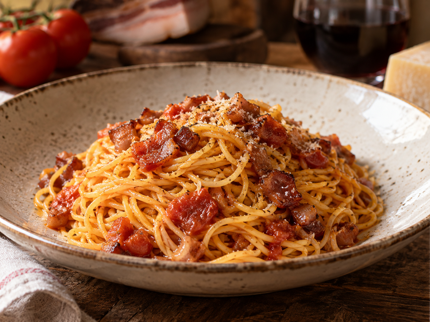 Tajarin piemontesi con pomodoro e pancetta