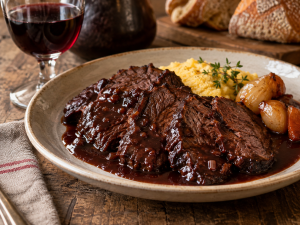 Brasato al Prünent con salsa al vino rosso e polenta