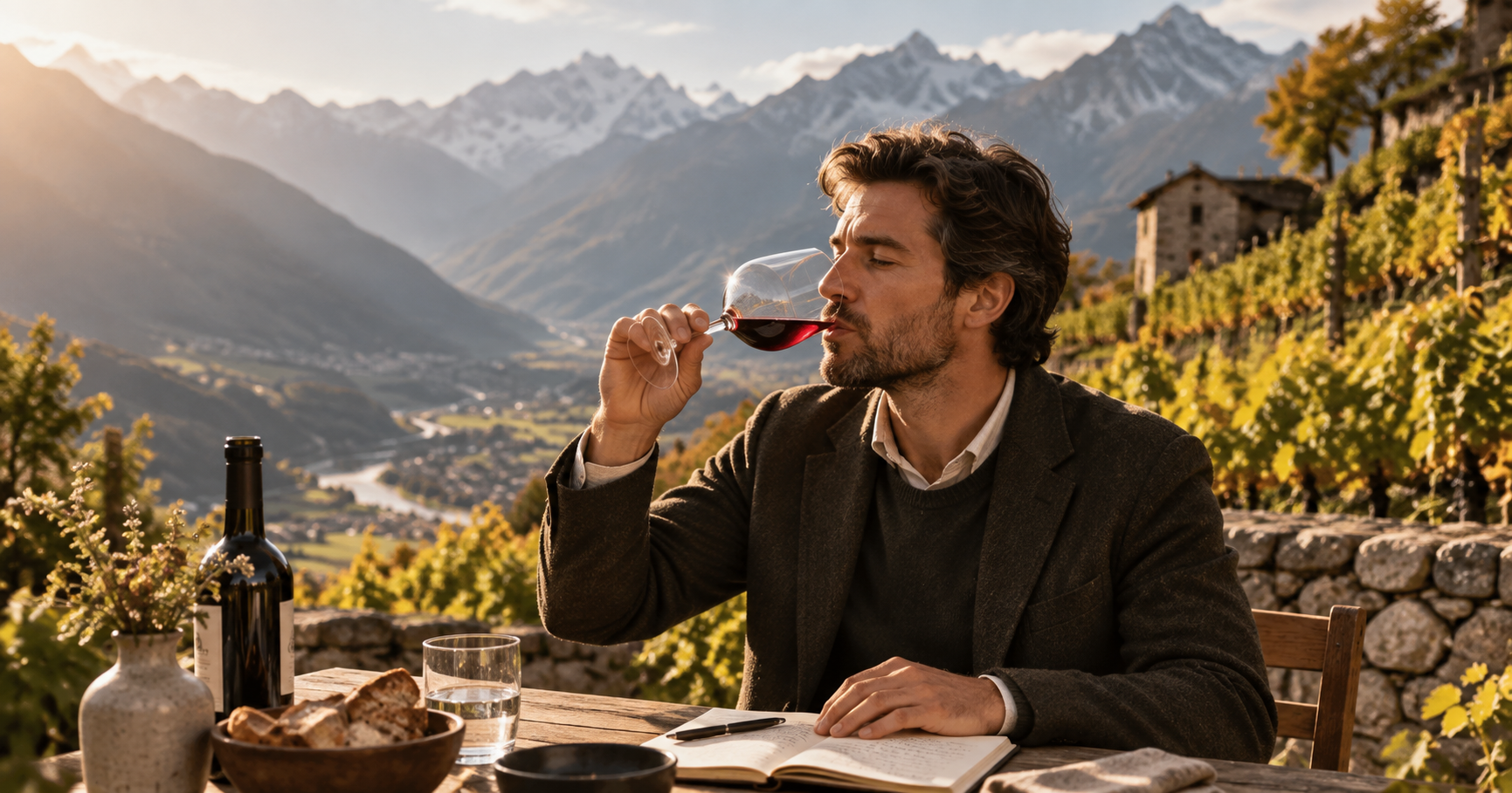 Assaggio di vino rosso durante una degustazione in ambiente alpino