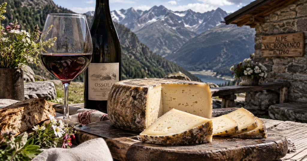Degustazione di vino e formaggio di montagna in ambiente alpino