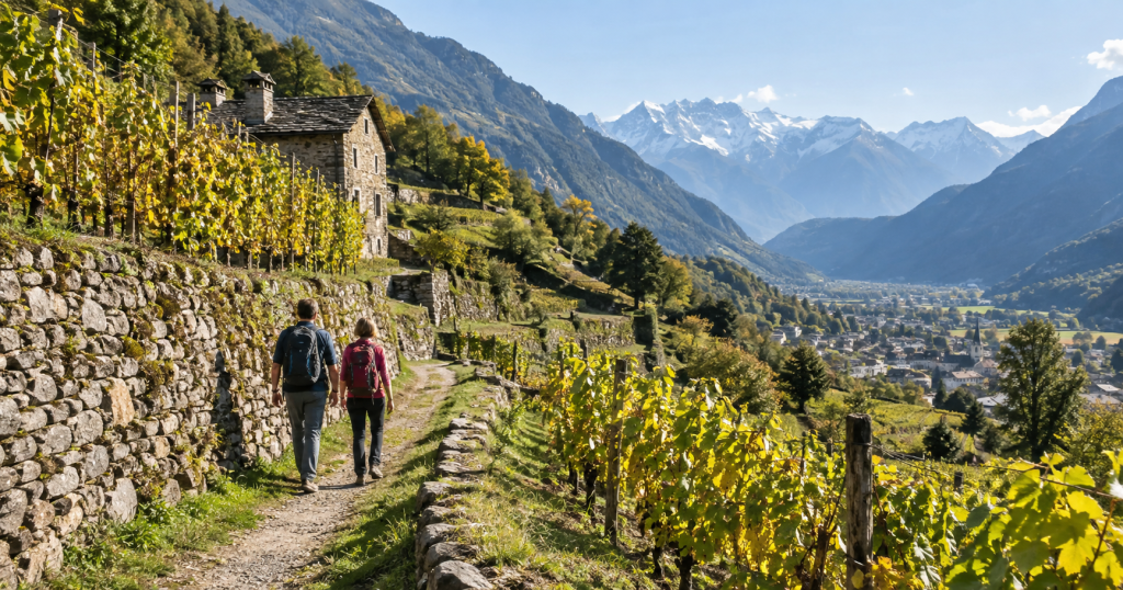 Sentiero tra i vigneti con panorama montano in Val d’Ossola