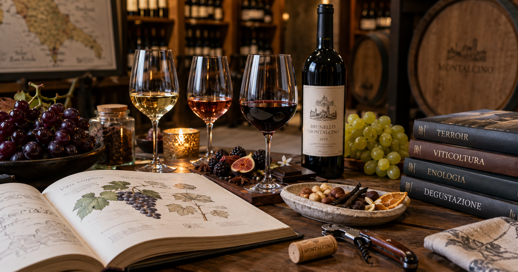 Degustazione di vino in cantina con calice e bottiglia